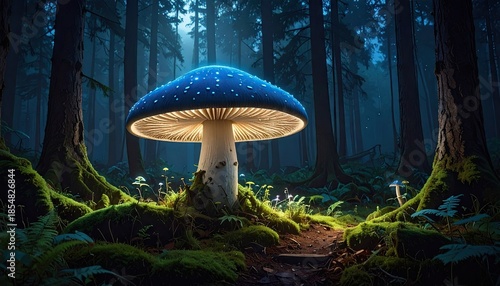 Giant glowing blue mushroom illuminating a dark enchanted forest at twilight with sparkling lights on its cap and mystical mossy ground covering
