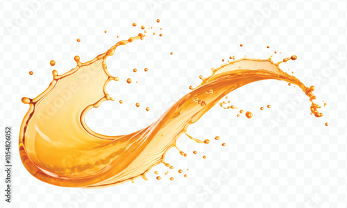realistic fresh liquid honey or oil splash with drops  in curve style isolated on transparent background