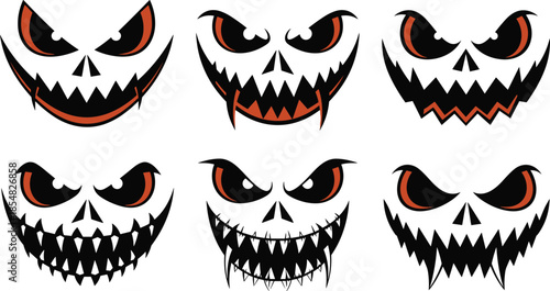 Scary Halloween pumpkin face illustration set with evil jack o lantern expressions, spooky monster cartoon designs for horror themes, costumes, posters, stickers, and decor