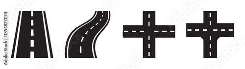 Road icons set featuring various types of routes including straight, curved, crossroad, and T-junction designs for transportation and navigation concepts.