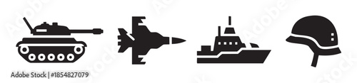 Military vehicles and equipment icons representing armed forces, including a tank, jet, warship, and helmet, symbolizing defense and national security.