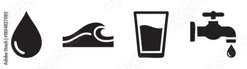 Water icons representing various forms and uses of liquid, including a drop, wave, glass, and dripping tap, symbolizing conservation and purity.