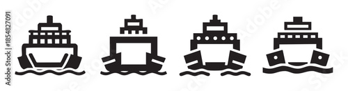 Four stylized ship icons depicting various types of vessels sailing on water, suitable for maritime navigation and transport concepts.