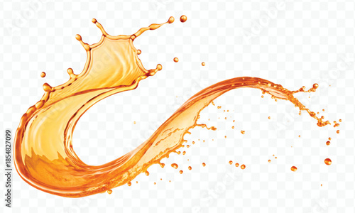 realistic fresh liquid honey or oil splash with drops  in curve style isolated on transparent background