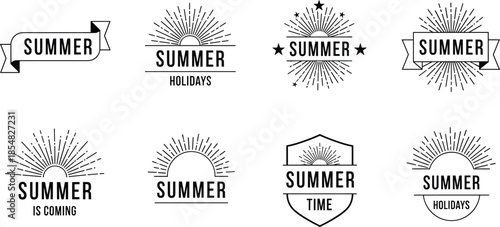 Summer vintage typography badge collection with sunburst icons and banners, minimalist seasonal logo set for holidays, travel branding, apparel, posters, and social media