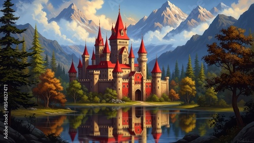 Wallpaper Mural Majestic castle nestled by a serene lake reflecting snow-capped mountains and lush woodland setting Torontodigital.ca