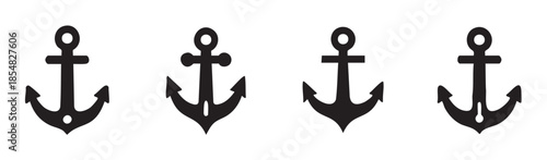 Four black anchor icons representing maritime navigation and stability symbols, perfect for nautical themes, travel, and security concepts in graphic design.