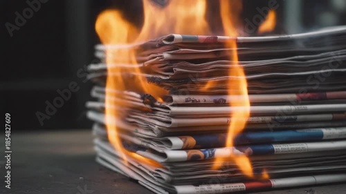 Burning newspapers symbolizing fake news concept