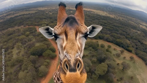 Curious giraffe looking into a fisheye camera
