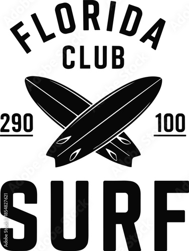 Florida surf club vintage typography illustration with crossed surfboards, bold coastal beach design for surfing apparel, posters, travel branding, and decor