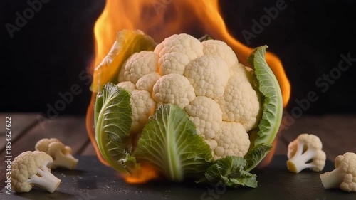 Fresh cauliflower with green leaves burning on a wooden table