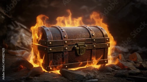 Ancient wooden treasure chest burning in flames