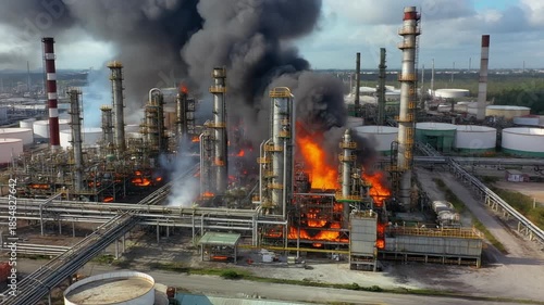 Oil refinery fire with huge flames and black smoke