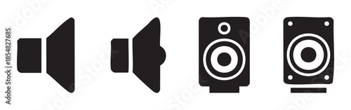 Four distinct black speaker and volume icons are neatly arranged, symbolizing various aspects of sound, music, and audio technology for modern digital interfaces.