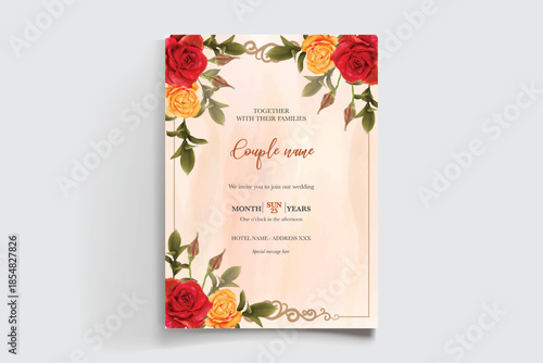WEDDING INVITATION FRAME WITH FLOWER DECORATIONS AND FRESH LEAVES