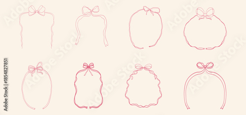 Ribbon bow frame set border and element collection. Coquette vintage sketch line pink hand drawn. Design element for greeting cards, wedding and birthday party, picnic invitations