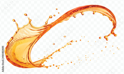 realistic fresh liquid honey or oil splash with drops  in curve style isolated on transparent background