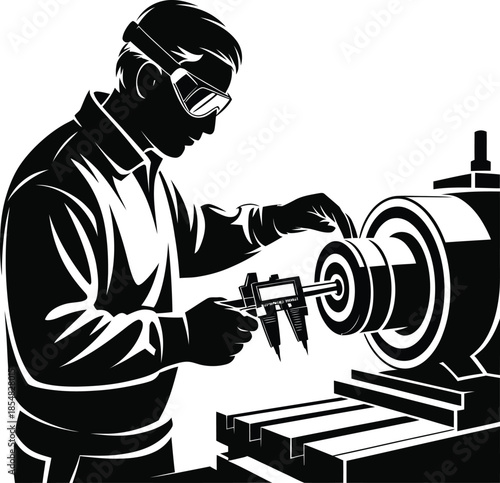 Industrial Machinist Measuring Metal on Lathe Machine Silhouette