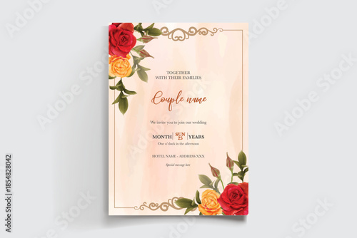 WEDDING INVITATION FRAME WITH FLOWER DECORATIONS AND FRESH LEAVES