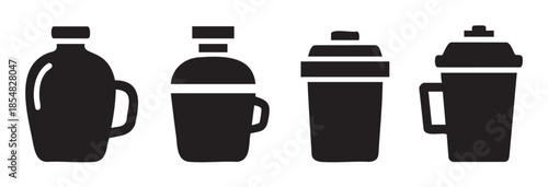 Comprehensive set of beverage containers icons, illustrating various drinkware designs such as bottles, mugs, shakers, and tumblers for everyday use.