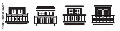 Various architectural balcony designs are depicted in a clean, minimalist black silhouette style, perfect for illustrating urban residential structures.