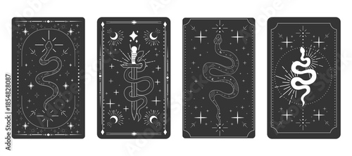 Tarot card frame spiritual esoteric reverse border magic sacred cover card. Mystic elements moon, sun, magic moth, snake fantasy sign.