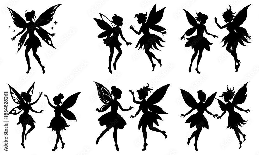 Fototapeta premium Nine Fairy Silhouettes with Wings on Transparent Background fairies winged