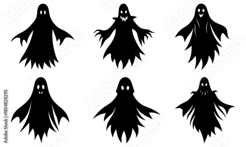 Group of Black Ghost Silhouettes on White Background ghosts