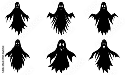 Five Black Ghost Silhouettes with Different Expressions on White Background ghosts