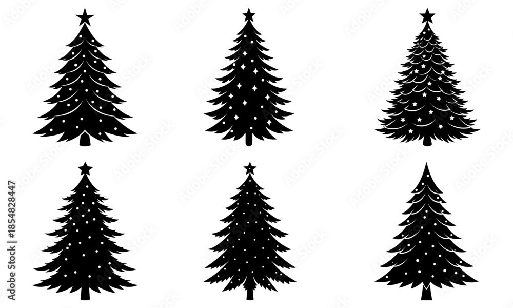 Obraz premium Six Black Christmas Tree Silhouettes with Stars and Decorations on White Background