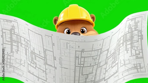 Wallpaper Mural Charming animated builder in a yellow hard hat intently studying intricate blueprints, symbolizing meticulous construction design, architectural development, and strategic project planning Torontodigital.ca
