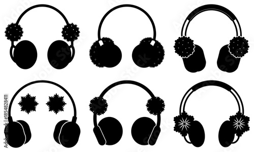 Decorative Headphones with Floral and Furry Accents Silhouette on White Background floral accents