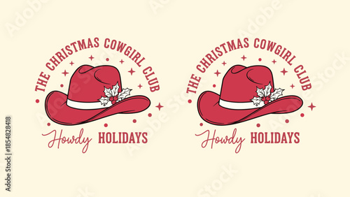 Christmas cowgirl club vintage illustration with Santa cowboy hat and howdy holidays typography, festive western holiday design for apparel, cards, gifts, and decor