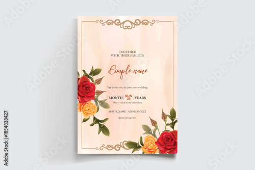 WEDDING INVITATION FRAME WITH FLOWER DECORATIONS AND FRESH LEAVES