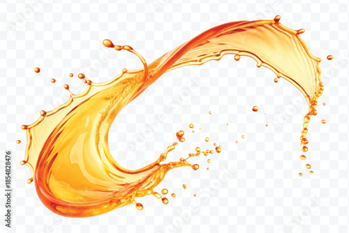 realistic fresh liquid honey or oil splash with drops  in curve style isolated on transparent background