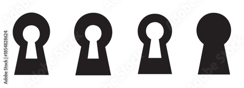 Four black keyhole shapes are presented in a clean, minimalist design, symbolizing concepts of security, mystery, access, and hidden solutions.