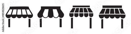 Four distinct awnings vector icons representing various styles of shop canopies, market stall roofs, and outdoor shelters for commercial establishments.
