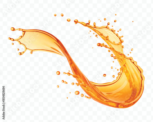 realistic fresh liquid honey or oil splash with drops  in curve style isolated on transparent background