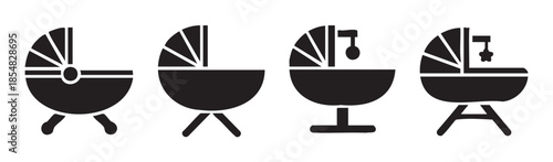 Four different baby bassinets and cradles are depicted as black silhouette icons, representing various styles of infant sleeping arrangements.