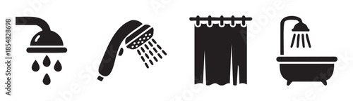 Shower and bath icons set featuring various bathroom elements like shower heads, a shower curtain, and a bathtub for hygiene and cleanliness.