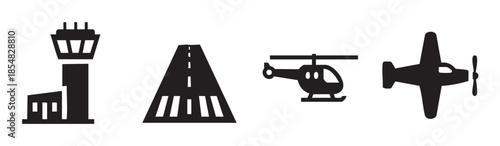 Aviation airport travel transportation symbols set collection featuring a control tower, runway, helicopter, and propeller airplane, representing air travel and logistics concepts.