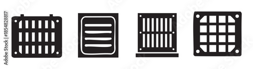 Various grates, vents, and drain covers are presented as a collection of black and white silhouette icons, illustrating different designs for ventilation and drainage systems.