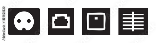 Power outlet, Ethernet port, tablet, and smart home icons are displayed in a minimalist black and white style, representing modern connectivity and digital living solutions.