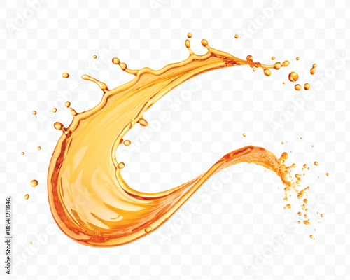 realistic fresh liquid honey or oil splash with drops  in curve style isolated on transparent background