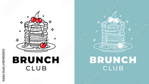 Brunch Club pancake illustration with cherries and syrup, cute breakfast food line art design for cafe branding, apparel, posters, and decor