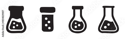 Four laboratory glassware icons with bubbling liquid inside, representing scientific experiments and chemical reactions in a simple graphic style.