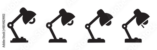 Four black desk lamp icons representing illumination and study, perfect for educational, office, or home decor design elements and user interfaces.
