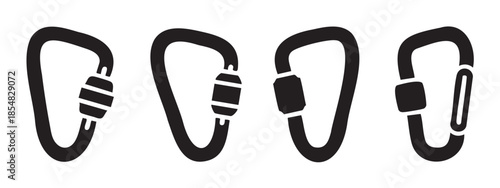 Four different carabiner clips vector icons illustration set representing various locking mechanisms used in climbing, safety, and outdoor activities.