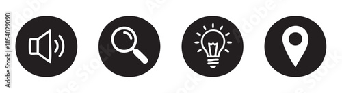 Four essential black and white UI icons representing various functions like sound, search, ideas, and location, perfect for modern digital interfaces and web design.