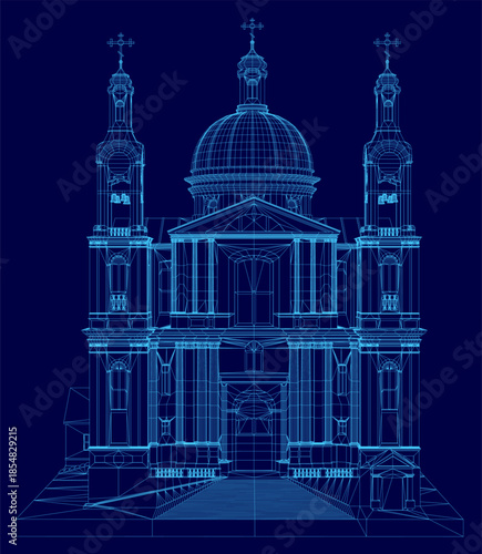 A wireframe blueprint of Assumption cathedral, featuring its iconic dome, is presented on a dark blue background for architectural or religious concepts.